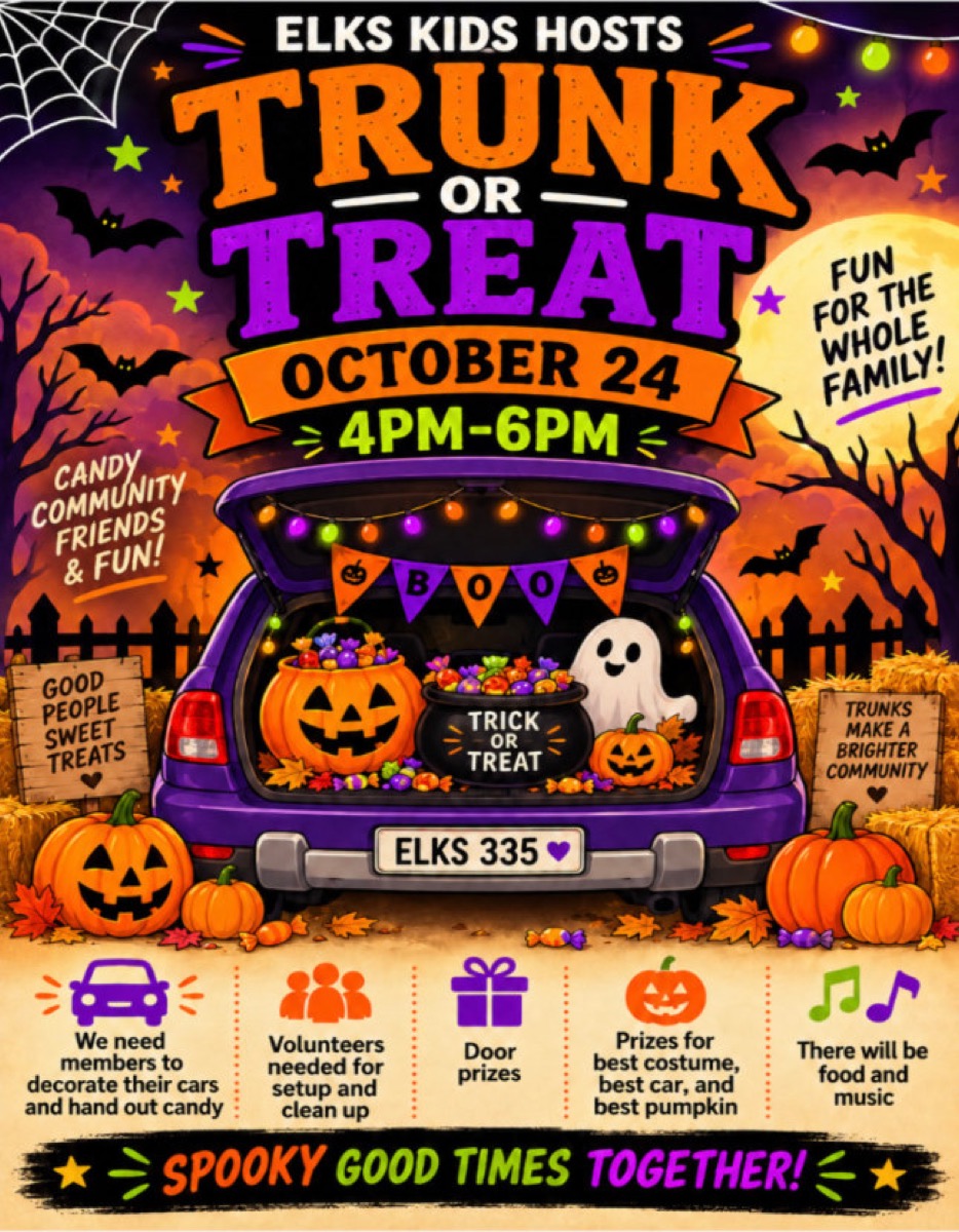 Elks Kids Trunk or Treat October 24, 2026, 4 to 6pm